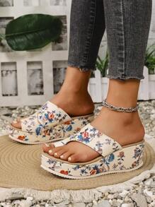 Sandali da donna alla moda con stampa floreale, scivolo, suola spessa, zeppa, comodi per l'estate e la spiaggia