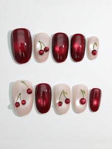 10 Buah Ujung Kuku Mata Kucing Cherry Buatan Tangan, Desain Kuku Cerah Unik, Perlengkapan Kuku, Kuku Tempel Buatan Tangan - Merah - View 1