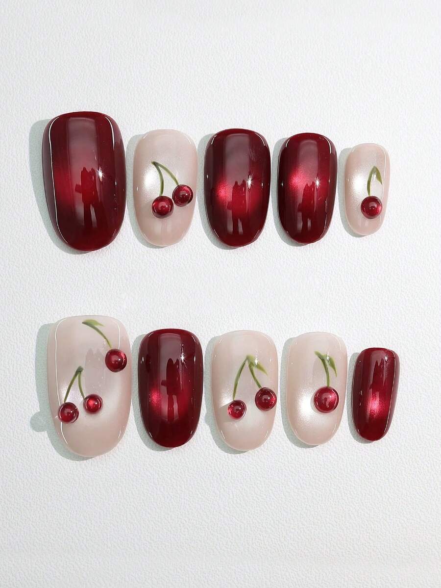 10 Buah Ujung Kuku Mata Kucing Cherry Buatan Tangan, Desain Kuku Cerah Unik, Perlengkapan Kuku, Kuku Tempel Buatan Tangan - Merah - View 1