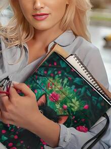 1pc Adorable Cat And Rose Themed Zippered Book Cover, Paperback Book Protective Sleeve, Paperback Book Cover, Book Jacket, Printed Book Bag With Front Pocket, Washable Book Pouch, Multifunctional Book Storage Bag Suitable For Students, Teachers, Book Lovers, Bible Enthusiasts