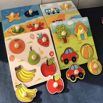 1pc Kids Cartoon Wooden Puzzle Toy, Educational Grab Board, Matching Cartoon Animal & Fruit, Preschool Development Puzzle