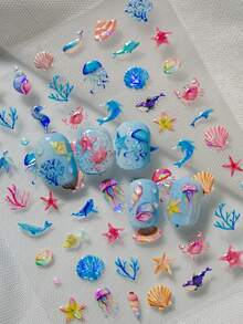 秋夏新品欢乐海洋世界美甲贴纸立体浮雕贝壳水下生物指甲背胶装饰贴适合个人DIY和美甲店使用