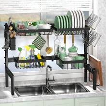 Escurreplatos ajustable de 2 niveles (66-85 cm) para sobre el fregadero, secador de platos de acero inoxidable con soporte para tabla de cortar, gran escurridor de platos para organizar el espacio en la encimera de la cocina