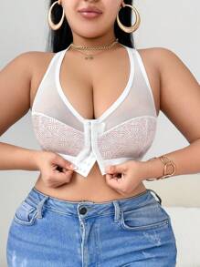 Plus Size Front Closure Comfortable Wireless Mesh Patchwork Camisole