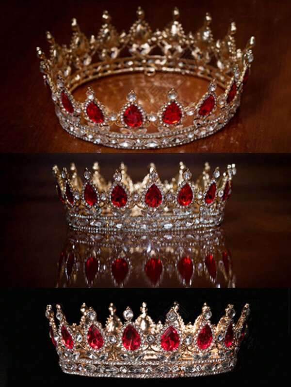 1pc Red & Gold Bridal Crown, Golden Headpiece, Crystal Princess Crown, High-End Adult Birthday Tiara