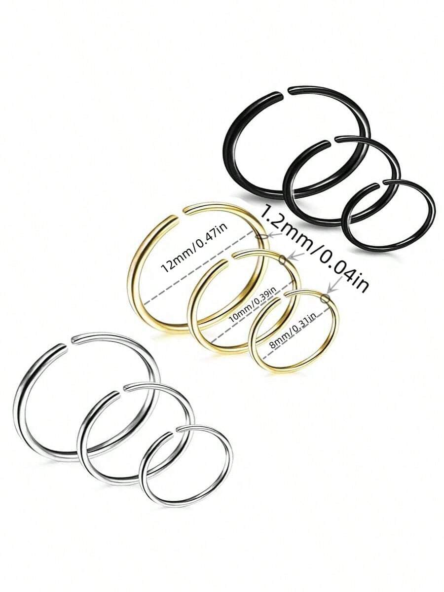 24pcs/Set 9 Minimalist 20G Nose Rings, Nose Studs, Lip Rings, Earrings, 316 Stainless Steel Hypoallergenic Vacuum Plated Y2K Style, Multi-Color - Silver - View 1