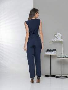 Plain Elegant Vest And Dress Pants Set C3302 - Azul Marino - Ver 2