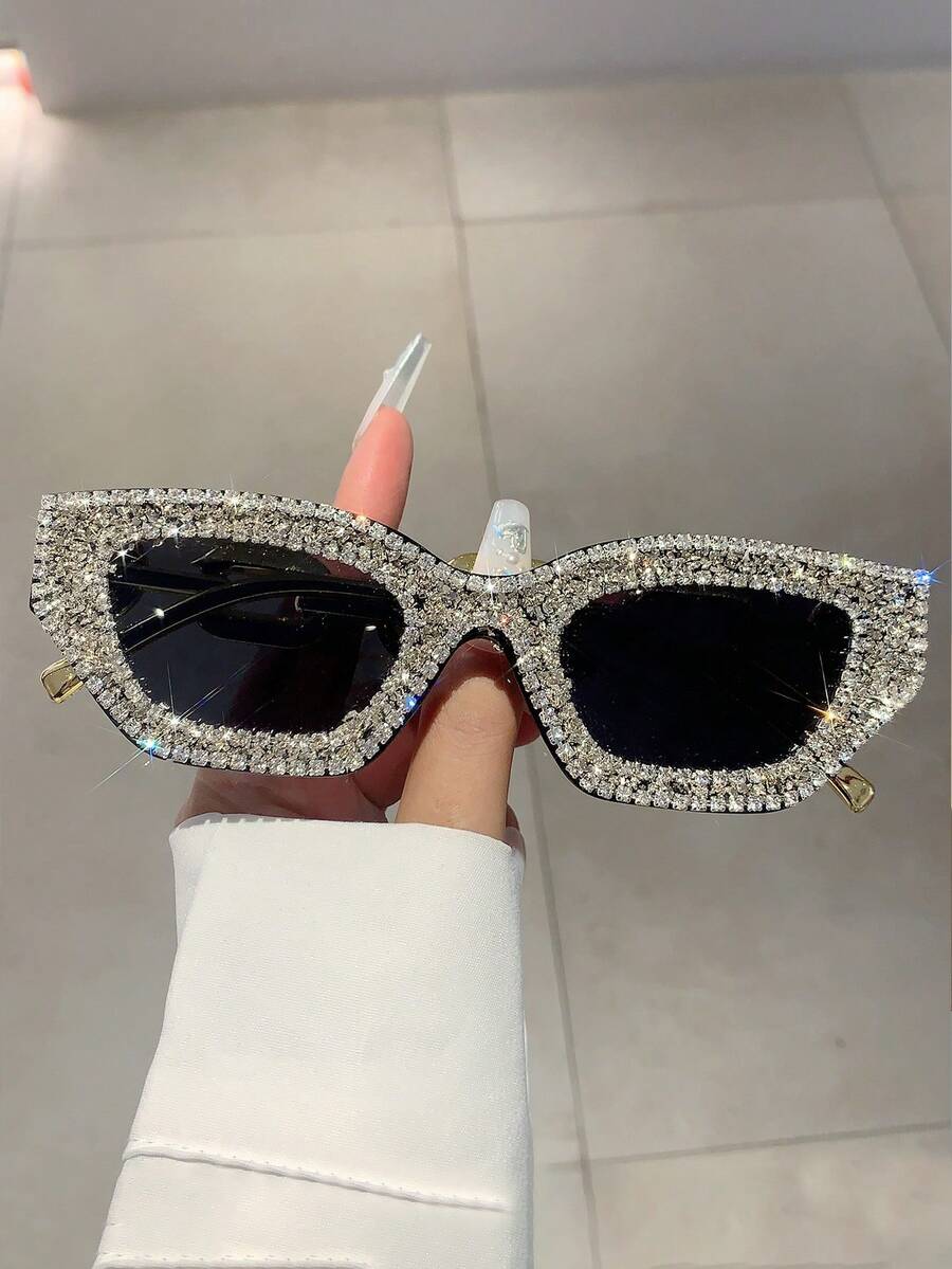 1pc Women's Multi-Color Small Frame Cat Eye Crystal Decor Chain Leg Fashion Glasses, Fashionable - C3 White Diamond Black Frame Gray - View 1