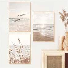 1pc/3pcs Beach On Seagull Beach Scenery Beige Grass White Sand Beach Coast Canvas Wall Art Prints And Posters Modern Paintings Wall Art Decor For Home Decor Living Room Bedroom Office Dining Room Dormitory Backdrop Decor Wall Design Framed/Unframed Coastal Decor Coastal Decor Beach Decor ,Wall Art With Frame