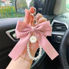 1pc Faux Pearl Beaded Bracelet, Keychain, Phone Lanyard, Cute Bowknot Keyring, Wallet Charm, Earphone Case Accessories, Women Daily Use, Gift
