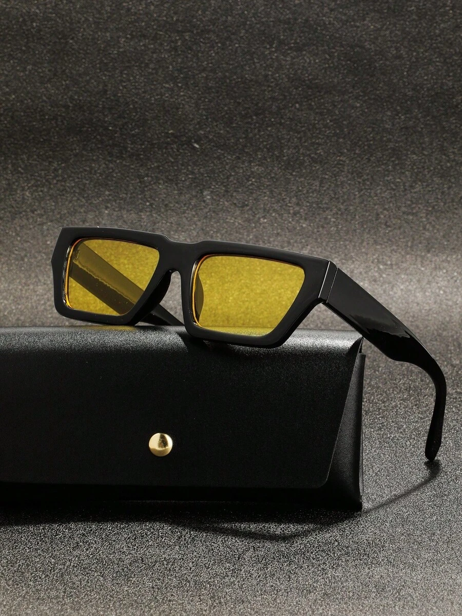 POLASUP 1pc Night Vision Tinted Lens Men's Polycarbonate Shatterproof Lens Sports Casual Streetwear Retro Flat-Top Fashionable Copper Hinges Non-Plastic Hinges UV Protection Sunglasses (Includes Glasses Strap And Cleaning Cloth), All Seasons Y2K Vintage Classic Fashion , Stylish, Retro, Square, Travel Sunglasses/Glasses UV400 Decorative Eyewear - 黃色 - 查看 1