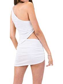 Women Summer 2 Pieces Outfits Solid Color One Shoulder Side Tie-Up Sleeveless Irregular Tank Tops And Mini Skirts Set - White - View 4