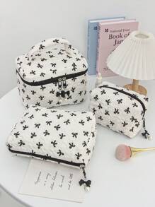 1 Black & White Color Matching Cosmetic Bag With Bow Pattern, Multifunctional Makeup Storage Bag