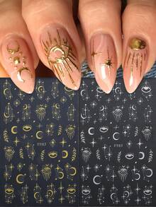 2/8/16pcs Gold & Silver Foil 3D Embossed Moon, Sun, Snake, Star, Mythology Eye Nail Art Stickers, Melbourne Style, Self-Adhesive, Suitable For Women & Girls Fashion DIY Manicure Nails Nail Supplies - Multicolor - View 15