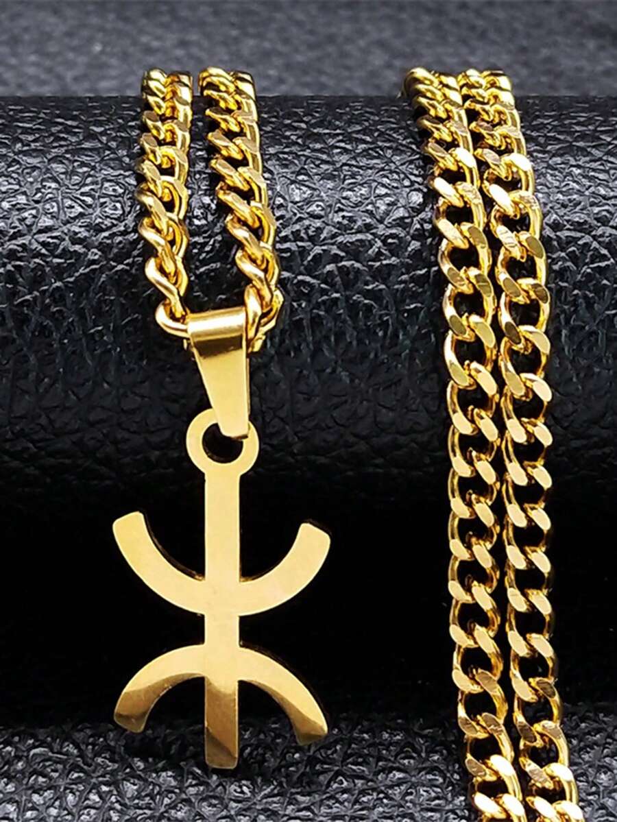 Unisex Stainless Steel Berber Symbol Pendant Necklace, African Berber Kabyle Style Jewelry