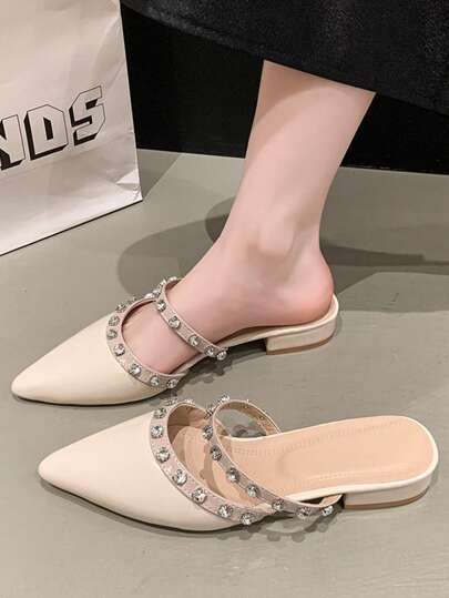 2025 Autumn Women's Flat Shoes With Rivet Chunky Heel Closed Toe Mules, New Fashion Slides To Wear With Skirt, Pointed Toe Low Heel Rhinestone Soft Leather Slip-On Shoes
