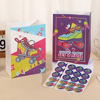 24pcs Roller Skating Gift Bags With Stickers, Birthday Party Bags, Skate Favor Bags, Roller Skating Party Supplies