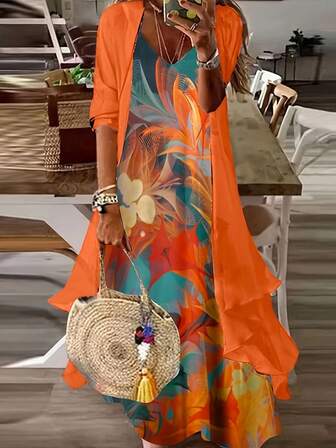 Elegant klänning med V-ringning och fjädertryck i plusstorlek för kvinnor, ärmlös och 3/4-ärm, chiffongkofta i två delar, lämplig för vår, sommar och höst