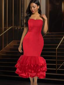 Sexy Strapless Mesh Bodycon Multi-Layer Mini Graduation Dress, Suitable For Birthday, Wedding Guest, Graduation Ceremony, Gala, Homecoming, Formal Occasions, Party, Evening Gown - Red - View 5