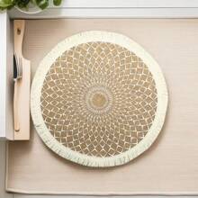 4/6/8 runde Tischsets mit Quaste, Wärmeisolierung, Party-Dekor, Tisch-Akzent im Restaurant, bedrucktes Wellenmuster, Boho-Stil, Jute-Material, waschbar, für alle Jahreszeiten geeignet, schützt Tischplatte, Besteck, Getränke, Desserts, Zuhause, Hochzeit, Restaurant-Dekoration.