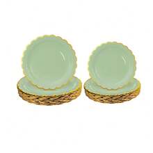 10pcs/20pcs/40pcs/Set,Green Paper Scalloped Plates With Gold Foil 9inch 7 Inch Disposable Green Scalloped Dinner Plates For Wedding Shower Birthday Party Dessert Plate - Green - View 2