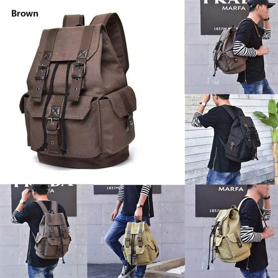 Retro Canvas Backpack For High School And College Students; Leisure Computer Travel Bag With Drawstring And Double Straps - Brown - View 1