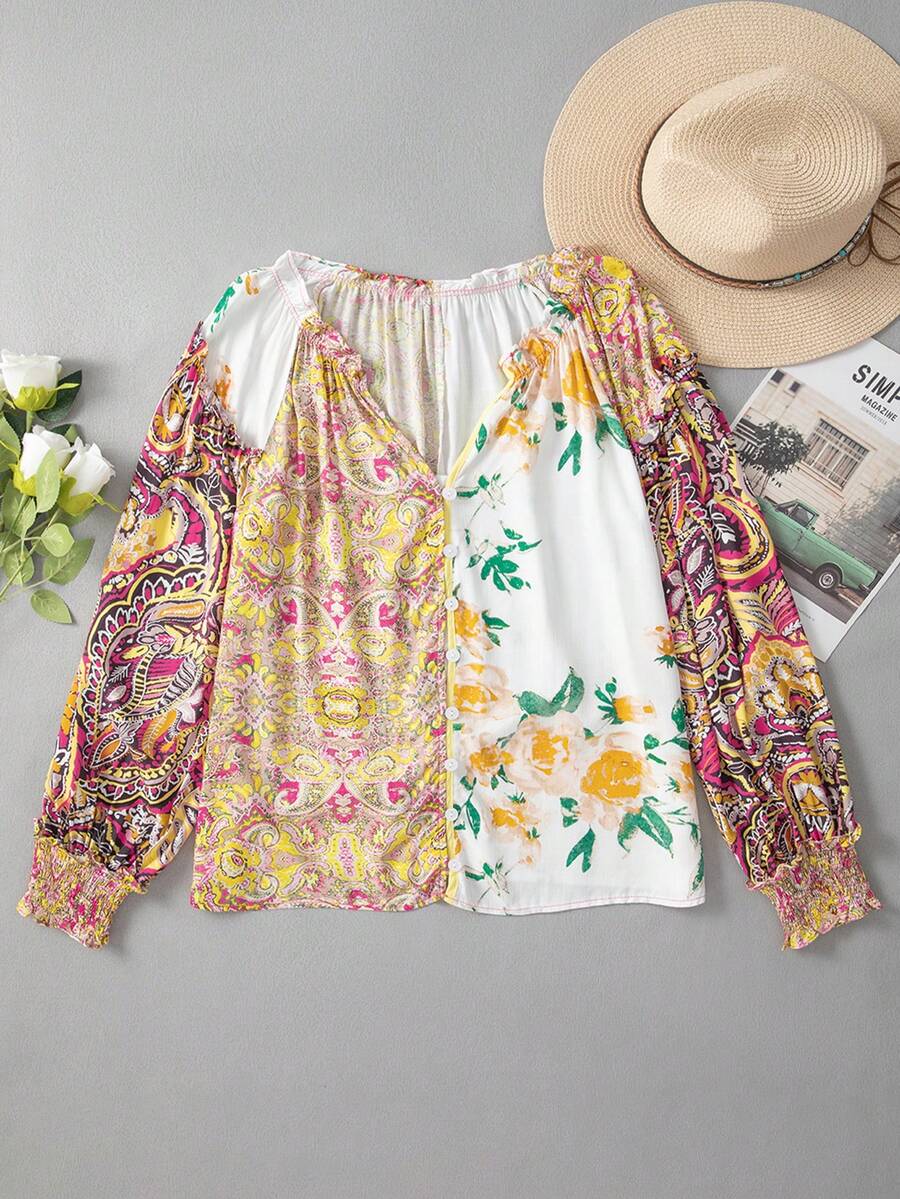 Multi-Color Floral Patchwork Ruffle Cuff Button-Up Shirt Spring - Yellow - View 1