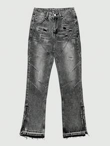 Men's Denim Jeans With Zipper Hem, Distressed Washed Minimal Design Casual Pants With Buttons & Zipper, Suitable For All Seasons - Black - View 2