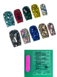 10 pezzi di unghie finte, unghie removibili realistiche realizzate a mano, design originale, corte a forma di cofano, nei colori blu, rosso, verde, giallo, intriganti neri, argento, champagne, oro, rosa, con applicazioni di diamanti scintillanti, accessori per unghie estive in stile Y2K, con adesivo e strisce di colla per le donne e le ragazze