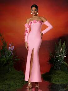 Love Aing Vestido de cóctel con espalda descubierta, manga larga, abertura lateral y aplicación floral 3D hecha a mano para mujer Love Aning, elegante para baile de graduación, gala, boda semi-formal, adecuado para cumpleaños, graduación, cena, regreso a casa, vestido de noche