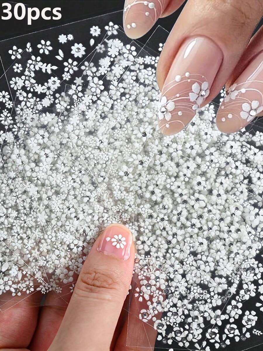 Small White Flower With Drill 30pcsFloral Nail Art Fake Nail Most Popular Nail Color Stickers Decals Colorful Flower Nail Stickers Rhinestones And Ornaments 3D Self-Adhesive Cute Daisies Floral Nail Decals Heart-Shaped Nail Supplies Nail Design Decorative Accessories For Ladies And Girls Nail Art Nails - White - View 1