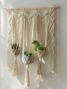Macrame Plant Hanger Macrame Wall Hanging Woven Tapestry Window Curtain Valance Boho Bedroom Decor Wedding Backdrop Rope Triple Planter - White - View 7