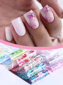 10 Folhas de Adesivos de Folha de Transferência de Unhas com Designs Florais em Aquarela Rosa e Roxo Gradiente, Papel Estrelado DIY Suprimentos para Manicure