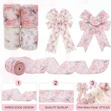 1pc/4pcs Pink Floral Wired Ribbon 2.5 Inch Vintage Rose Flower Ribbon For Bow Wreath Craft Gift Wrap Spring Summer Holiday Wedding Birthday Shower Party Home Decor