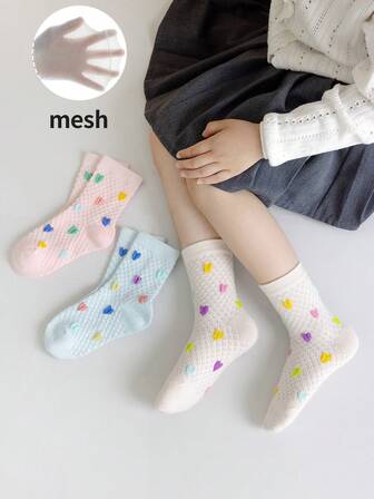 3 Pairs Girls Colorful Heart Printed Mesh Breathable Socks, Candy Colors, Versatile For Daily, School, Home, Vacation