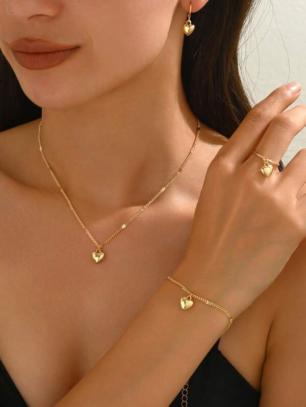5 件女士简约时尚心形吊坠项链、戒指、耳环和手链套装，适合日常通勤和个性化