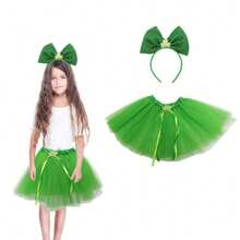 Cat Dog Skirt Set, Green Tulle Skirt With Shiny Clover Hairband/Hat Costume For Irish Holiday