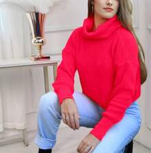 Women's Cold Weather Blouse Turtleneck Knitted Sweater - Coral Pink - View 3