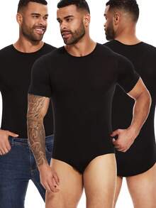 Men's One Piece Short Sleeve Romper T-Shirt Pajamas Bodysuit Solid Slim Fit Undershirt Leotard  Casual Jumpsuit Underwear Modal - 黑色 - 查看 2