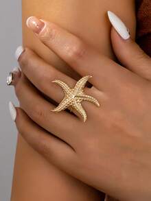 1 Pc Minimal Golden Color Starfish Ring, Summer Sea Life Beach Style Sea Star Statement Rings Jewelry For Women, Vacation Jewelry - Gold - View 1