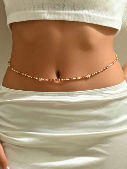 1pc Summer Vacation Ocean Starfish Decor Waist Chain, Handmade Glass Seed Bead Body Chain, Fashionable Charm Jewelry For Women Everyday Wear, Beach Party, Date, Music Festival. The Seed Bead Color Is Random