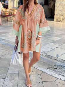 1pc Women Western & Bohemian Style Floral Print Vacation Boho Dress, Suitable For Street, Music Festival, Beach, Summer Casual Outfits