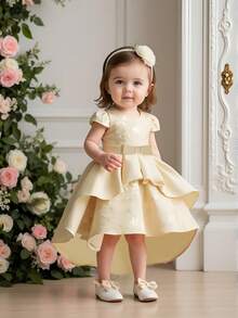 Baby Girls Sequin Embroidered Satin Trailing Party Dress, Suitable For 1st Birthday Celebration, Flower Girl Wedding, Fabric Pattern Random - Champagne - View 1