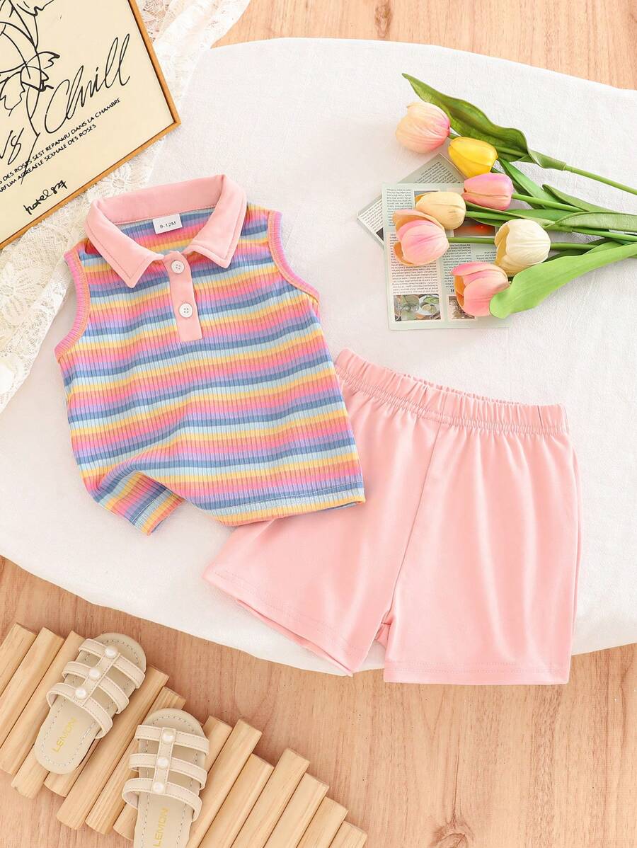 2 Stücke/Set Baby Mädchen Sommer Geripptes V-Ausschnitt ärmelloses Top und rosa Shorts Set
