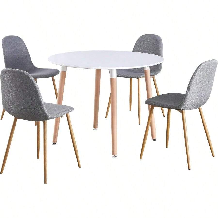 Circular 4 Seat Round Dinner Table And Chair Scandi Kitchen Dining Room Set - White Table & Grey Fabric Chairs - White Table & Grey Chairs - View 1