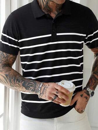 男士条纹 Polo 衫 - 修身短袖 T 恤，适合夏季通勤，休闲美式风格