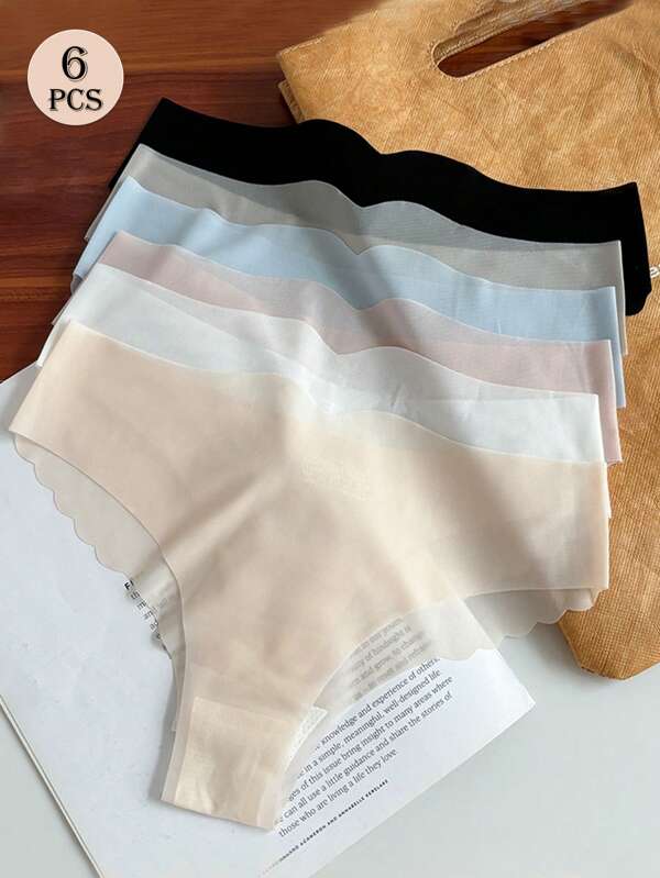 6pcs Women's Antibacterial Silky Underwear, Ladies' Mulberry Silk Crotch Low-Waist Partially Sheer Sexy Soft Solid Color Thongs
