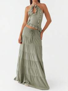 Women's Summer Casual 2 Piece Skirt Outfits Halter Neck Ruffle Trim Tops Long Flowy Skirt Set - 綠色 - 查看 4