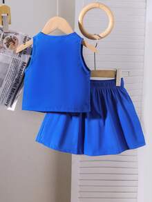 2pcs Young Girl Elegant School Style Top And Pleated Skirt Set, Suitable For Spring/Summer - Blue - View 2