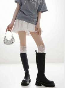 1 par de medias altas elegantes de tela de punto, medias transparentes con encaje sobre la rodilla para mujeres, adecuadas para botas, medias altas de compresión de media pierna con rayas verticales de tejido de punto